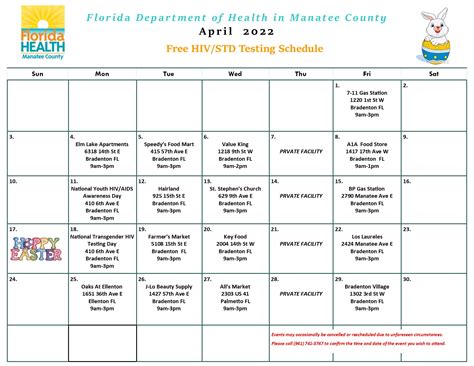 OutReach Calendar April 2022 | Florida Department of Health in Manatee