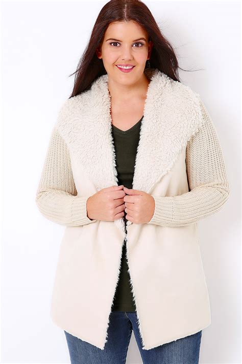 Cream Chunky Knit Cardigan With Shearling Collar Plus Size 16 To 32