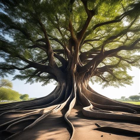 Premium AI Image Centenarian Tree With Towering Trunk And Exposed Roots