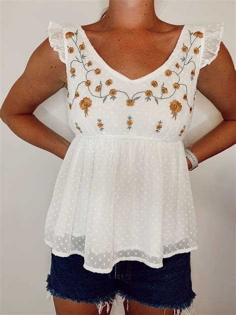 Adorable Embroidered Flowy White Tank Thrift Fashion Clothes Fashion