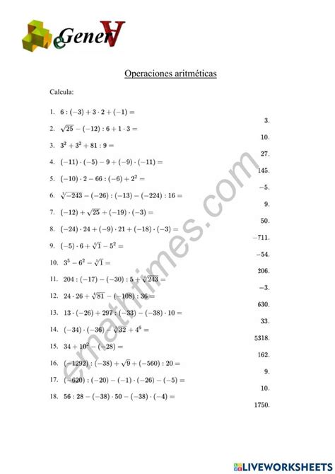 Operaciones Combinadas Con Potencias Y Ra Ces Worksheet Clasificacion