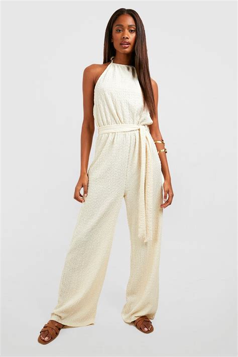 Textured Halterneck Belted Wide Leg Jumpsuit Boohoo