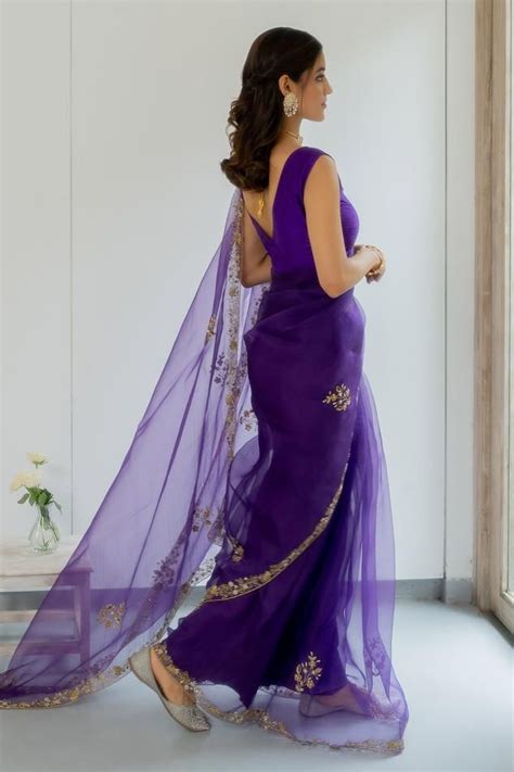 Peeli Dori Meenakshi Border Embroidered Saree With Blouse Purple