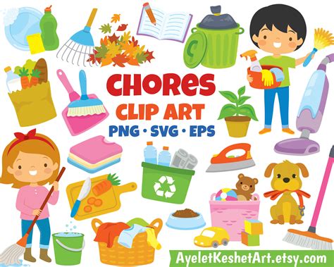 Chores Clipart Set With Icons of Housework and Responsibilities for ...