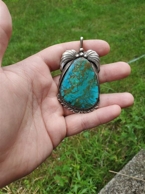 Massive Natural Turquoise Pendant Sterling Silver Signed Etsy