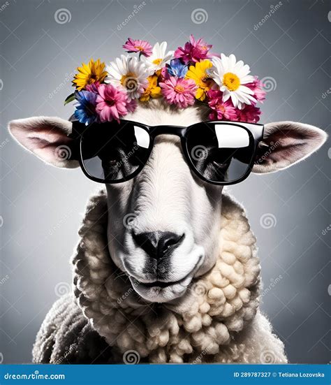 Beautiful Cool Sheep Portrait In Sunglasses With Flowers On Head Ai