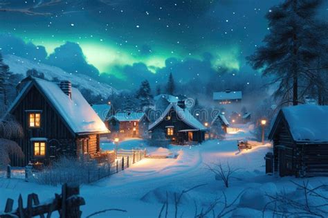 Winter Cabins Under Magical Northern Lights Resplendent Stock Image