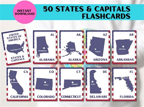 U.S. States and Capitals Flashcards, Printable Flashcards, United ...