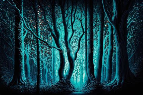 Surreal Night Forest With Eerie Blue Light Stock Illustration