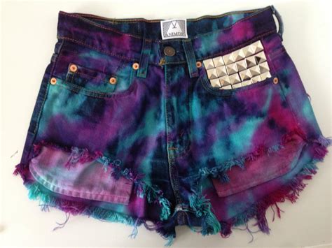 Vintage High Waisted Blue Rain Tye Dye Studded Festival Denim Shorts