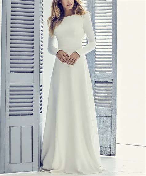 A Line Elegant Crepe Long Modest Wedding Dresses With Long Sleeves Simple Jewel Neck Women