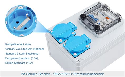 Wandverteiler Mit FI Schalter Stromverteiler 32A 2P 2X Schuko