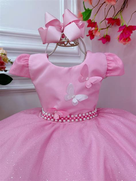 Vestido Infantil Rosa Aplique De Borboletas C Glitter Rosa