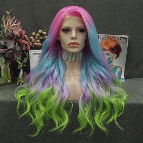 Colorful Ombre Wig Long Wavy Synthetic Lace Front Wig Cosplay Imstyle