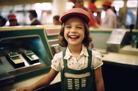 Premium Ai Image Happy Girl In Cashier Costume With Generative Ai