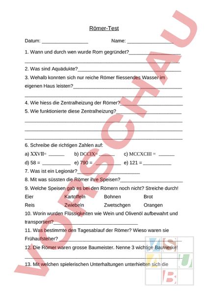 Arbeitsblatt Test Römer Geschichte Altertum