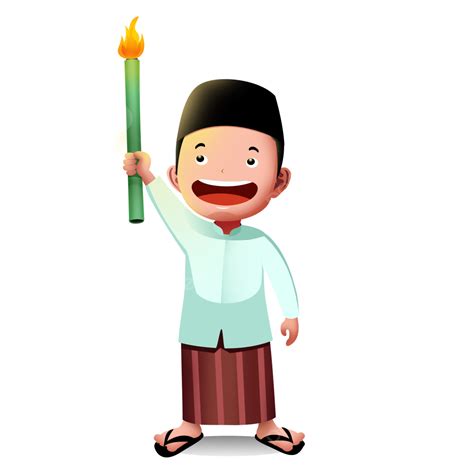 Kartun Anak Laki Laki Membawa Obor Takbiran Saat Idul Fitri Malam Idul