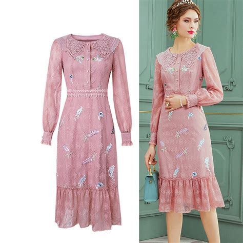 Vintage Elegant Embroidery Lace Summer Spring Dress Women Pink Color