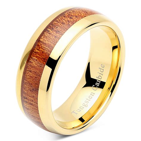 100s Jewelry Mens Womens Wedding Bands Tungsten Rings Koa Wood Inlay 14k Gold Plated Size 6 16