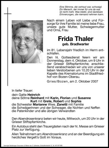 Traueranzeigen Von Frida Thaler Trauer Bz