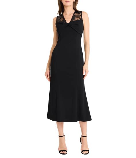 Maggy London Scuba Crepe Lace Inset V Neck Sleeveless Twist Front Midi