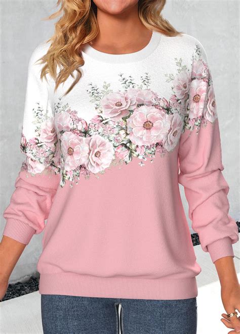 Valentine S Day Pink Patchwork Floral Print Long Sleeve Sweatshirt