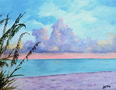 Carmen Beecher: Beach Sunrise, Oil Painting on Canvas Panel, 10x8 Seascape