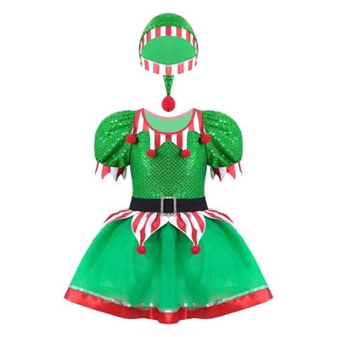 Yizyif Enfant Fille Costume Lutin De Noël Tutu Robe Paillette