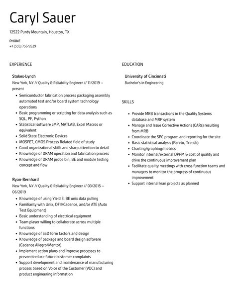 Quality Reliability Engineer Resume Samples Velvet Jobs