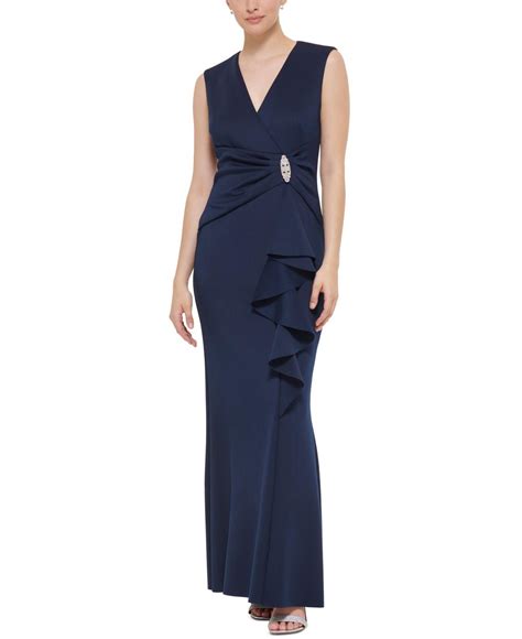 Jessica Howard Embellished Ruffled Sleeveless Column Gown In Blue Lyst