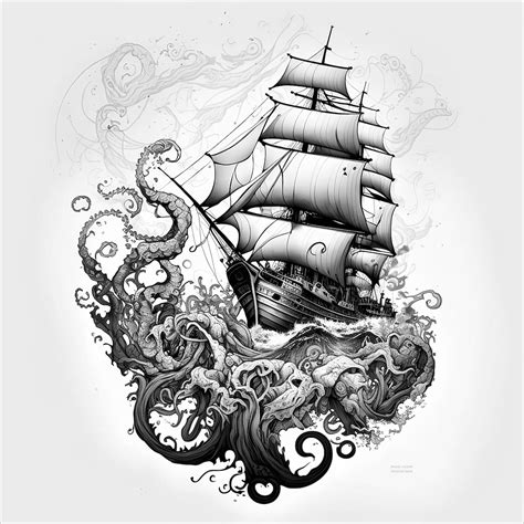 Pirate Ship Vs. Kraken Tattoo Design White Background PNG File Download ...