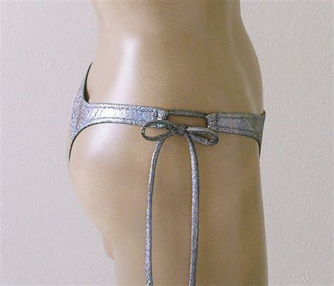 Thong Bikini Bottom With Tie Sides And Triangle Top In Gold Silver