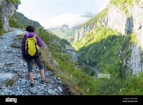 Mature Woman Hiker In Mountains Stock Photo Alamy