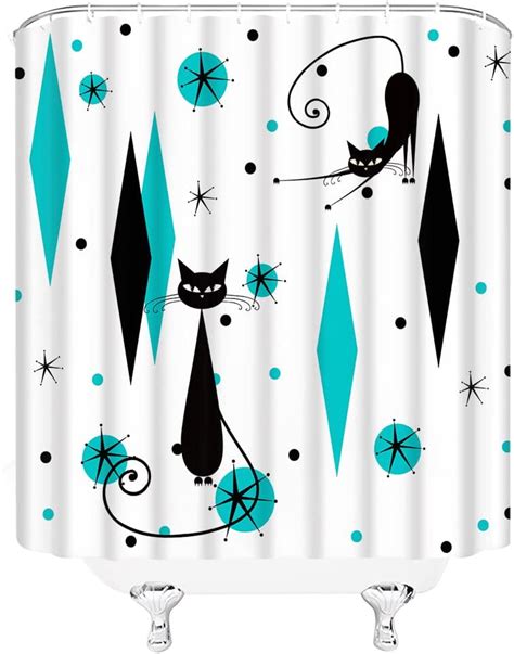 Spxubz Mid Century Shower Curtain Cat Starbursts Atomic Stars Modern