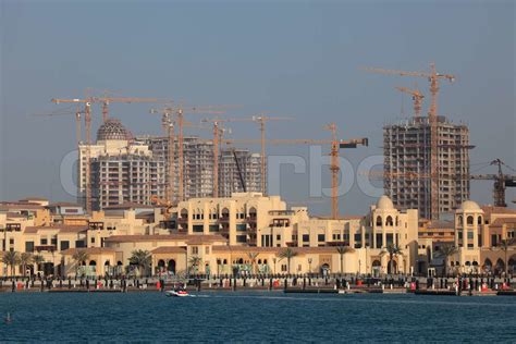 Construction Cranes In Porto Arabia The Pearl Doha Qatar Stock Image