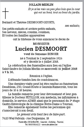 Lucien Desmoort De Tournai Annonce De Décès Sur Enmemoire Be En Mémoire