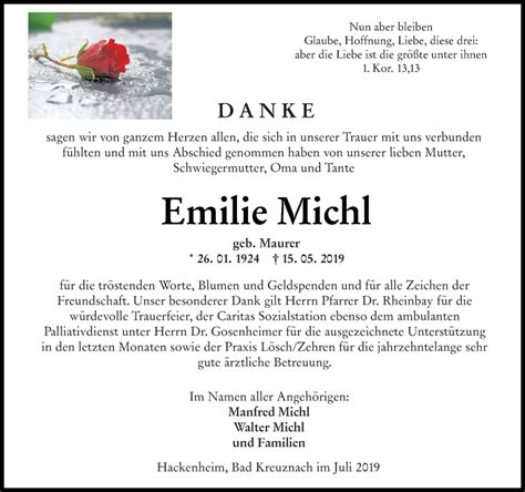 Traueranzeigen Von Emilie Michl Rz Trauer De