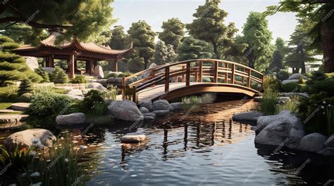 Premium AI Image | A rendering of a bridge over a pond.