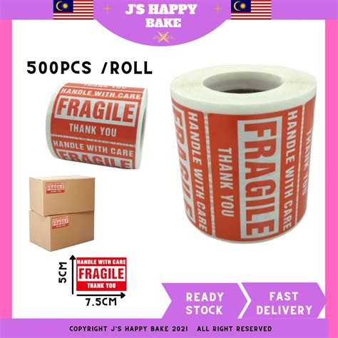 Ready Stock 500 Pcs Roll Fragile Sticker Warning Label Roll Poslaju Courier Sticker Mudah