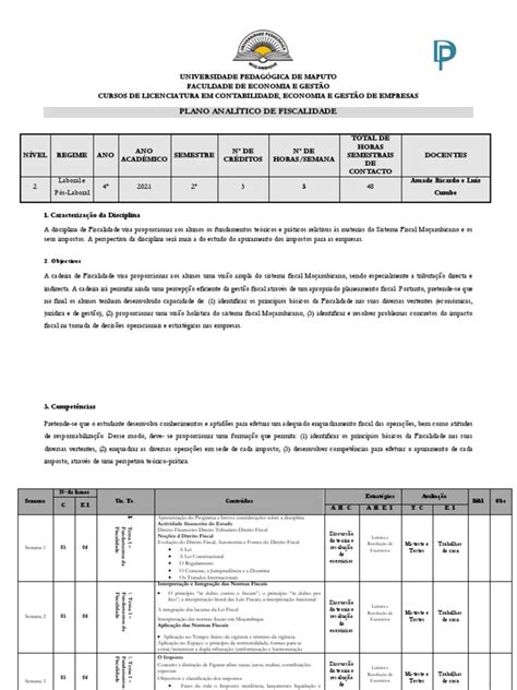 Plano Analítico Fiscalidade Feg 2021 Pdf Impostos Imposto Sobre Valor Agregado Iva