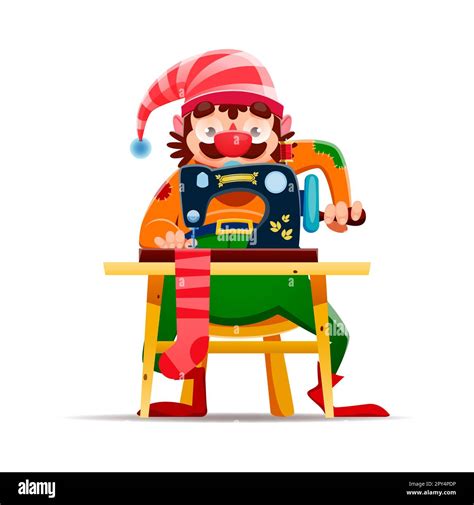 Cartoon Gnome Dwarf Character Sewing Clothes Vector Funny Elf Tailor Fairy Tale Garden Gnome