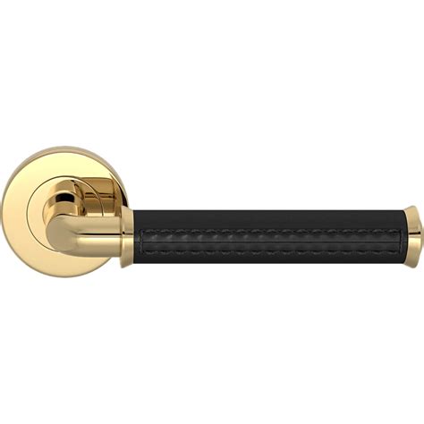 Turnstyle Design Door Handle Black Leather Polished Brass Model