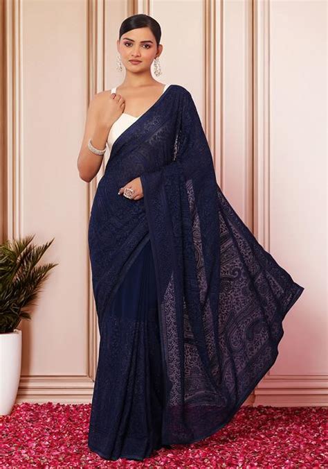 Buy Women Navy Blue Tonal Thread Paisley Embroidered Saree With Blouse