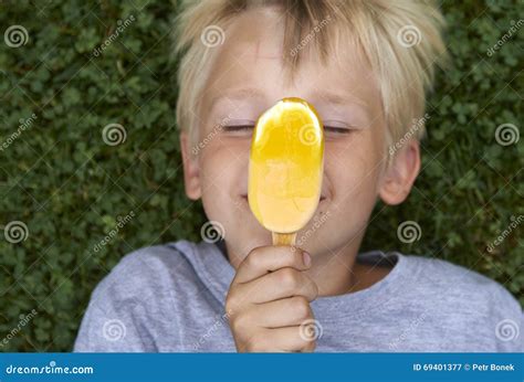 Cute Happy Child School Age Boy Eating Ice Cream Stock Image Image