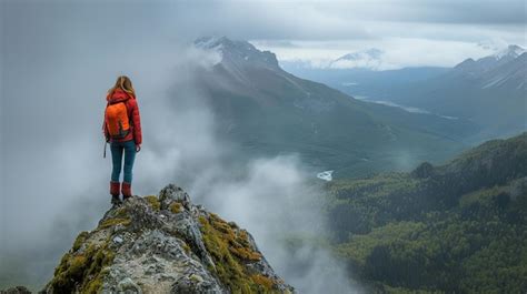 Premium Photo | Woman hiker on a top of a mountain