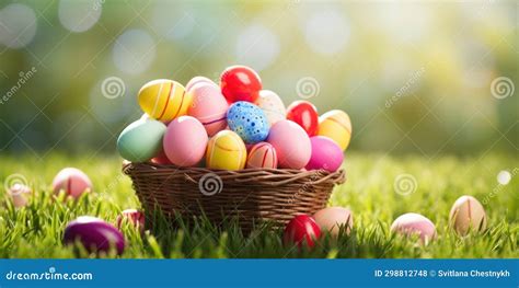 Easter Wicker Basket Colorful Painted Eggs In Green Grass Sunny Day