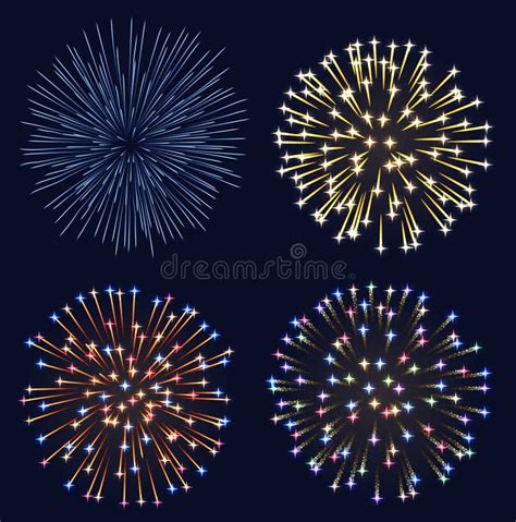 Set Of Bright Realistic Fireworks On A Transparent Background Vector