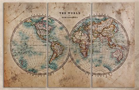 Large World Map World In Hemispheres Leather Printvintage Etsy