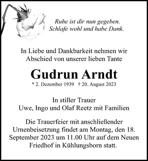 Traueranzeigen Von Gudrun Arndt Trauer Anzeigen De