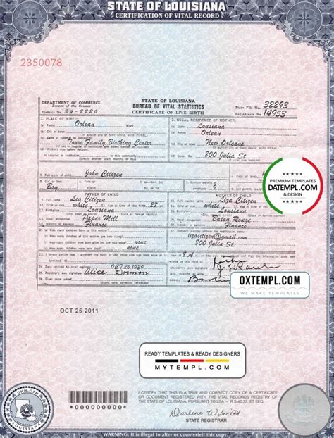 Usa Louisiana State Birth Certificate Template In Psd Format Fully